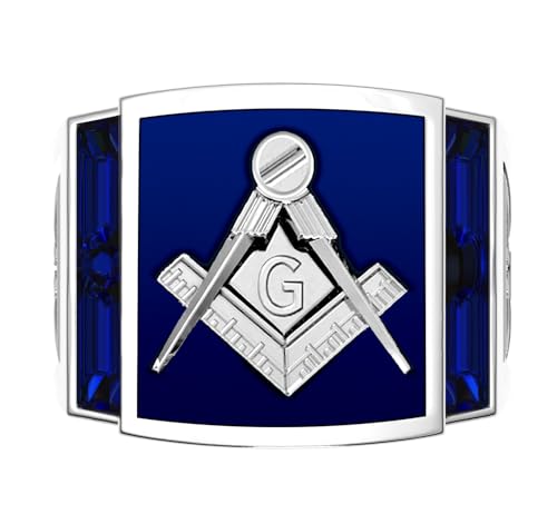 US Jewels Men's 925 Sterling Silver Synthetic Sapphire Master Mason Masonic Ring, Size 9