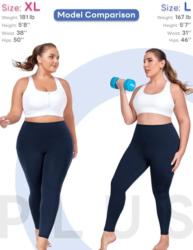MEJING Plus Size Navy Blue Leggings for Curvy Women with Pockets, High Waist Yoga Pants Tummy Control, Stretch Workout Leggings, Soft Activewear 3XL