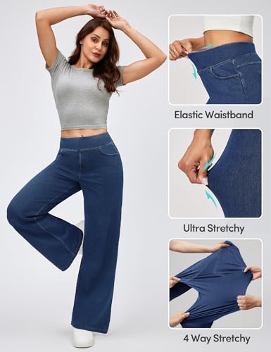 IUGA Wide Leg Jeans Woman High Waisted Pull On Baggy Jeans for Women Stretchy Trendy Womens Jean Straight Casual Denim Pants Dark Blue