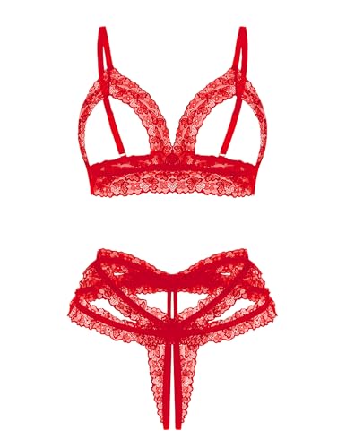 Avidlove Lace Lingerie Set for Women Sexy Cutout Matching Bra and Panty Sets 2 Piece Wireless Bralette Outfits Red L