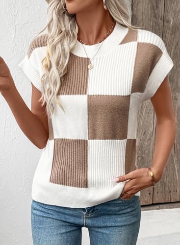 EVALESS Fall Sweaters for Women 2026 Round Neck Short Sleeve Sweater Vests Trendy Color Block Knit Cap Sleeve Blouses Tops Womens Spring Winter Fashion Clothes Khaki Plus Size XX-Large