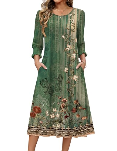 Zeagoo Boho Dresses for Women 2026 Crewneck 3/4 Sleeves A line Casual Flowy Swing Dress Summer Midi Long Sundress Floral-840 S