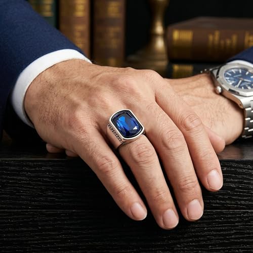 EKJQB Sterling Silver 5CT Sapphire Signet Men's Ring Square Genuine Sapphire Ring Handcrafted Vintage Textured Band Groom Jewelry Engagement Wedding Christmas Gift for Husband