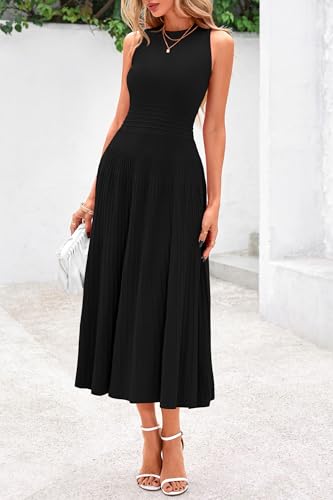PRETTYGARDEN Spring Casual Dresses for Women 2026 Summer Business Work Midi Sleeveless A Line Pleated Cocktail Dress(Black,Small)