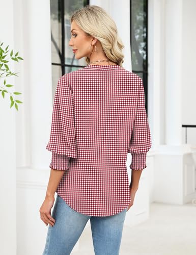 LOMON Tops for Women Trendy V Neck Button Down Shirts 3/4 Length Sleeve Plus Size Women Blouses Cotton Summer Tops Red Plaid XL