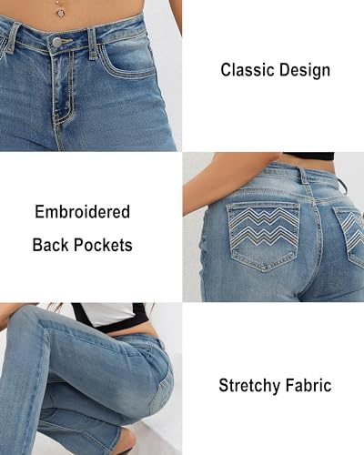 PEIHOT Mid Rise Bootcut Jeans for Women Trendy Cowgirl Stretchy Staight Leg Denim Pants Western Outfits Blue