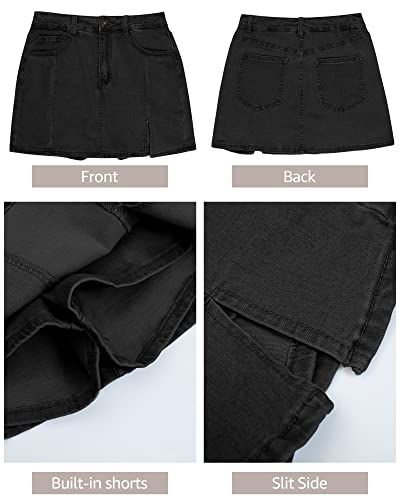 luvamia Flexclusive Skorts Skirts for Women Denim Mini Skort Side Slit with High Waisted Jean Shorts Stretchy Black Mini Beach Shorts for Women Jean Skirt Soft Black Size Large Size 12-14