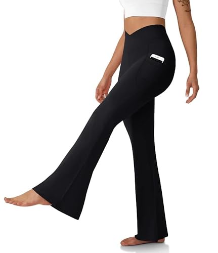 DLOODA Women's Flare Leggings with Pockets-Crossover High Waisted Bootcut Yoga Pants-Tummy Control Bell Bottom Leggings Black