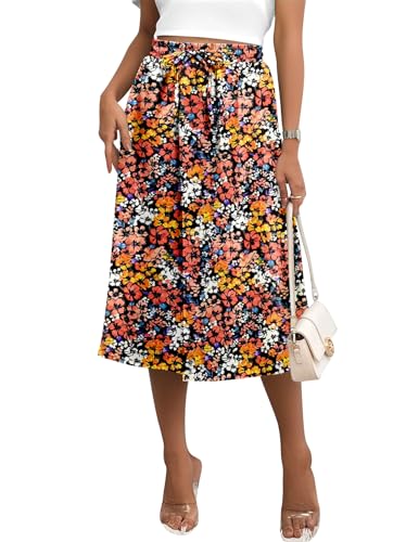 Angerella Womens' Casual Chiffon Midi Skirt with Pockets Floral Print Pleated High Waist Knee Length Skirt(Orange,M)