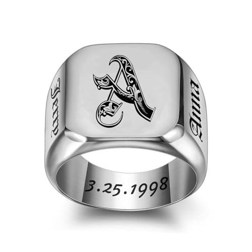 MOTICIUS Personalized Signet Rings for Men Women Engraved Ring Custom Initial Ring Mens Rings Customized Memorial Gifts for Father Husband Boyfriend Teacher (Square Silver)