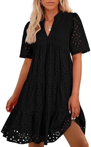 Easter Dress Women - BTFBM Womens Boho Summer Dresses 2025 Resort V Neck Short Sleeve Hollow Out Lace Ruffle Casual Beach Mini Vacation Dress Black