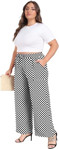 Lastshe Women's Plus Size Wide Leg Pants Palazzo Pants for Women Plus Size Outfits for Curvy Women Pants with Pockets,Black W Plaid,2X