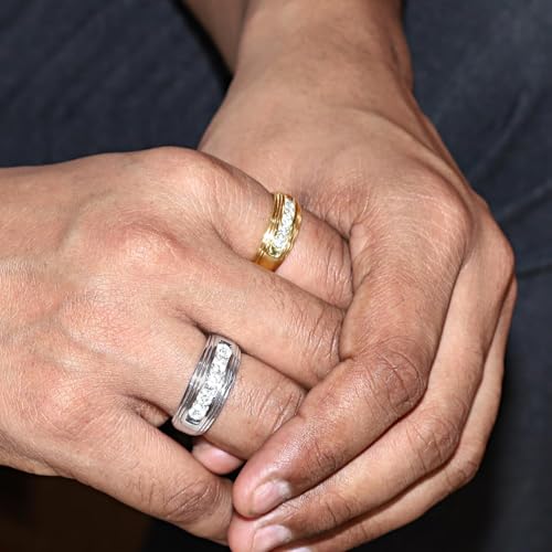 SAVEARTH DIAMONDS Men's Wedding Band Ring 1/2 Carat Round Lab Grown Diamond Engagement or Anniversary Ring (0.50 Cttw) In 14k Yellow Gold Plated Sterling Silver Fine Jewelry Size 10