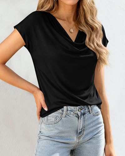 BTFBM Cowl Neck Tops for Women 2026 Summer Womens Tops Dressy Casual Business Blouses Short Sleeve Shirts Spring Outfits(Black, Medium)
