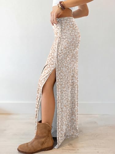 ANRABESS Womens Maxi Skirts High Waisted 2026 Summer Boho Floral Beach Flowy Side Slit Long Skirt with Adjustable Drawstring Floral Beige Large
