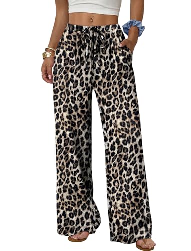 Sampeel Women's Leopard Print Wide Leg Pants Long Cute Summer Outfits Vacation Beach Clothes Palazzo Pants High Waist Trousers Date Outfits Business Casual Luxury Fashion Clothing M