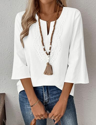 LOMON 3/4 Length Sleeve Womens Tops Loose Fit Boho Tops Cotton Linen V Neck Shirt Spring Dressy Peasant Blouses(White,L)