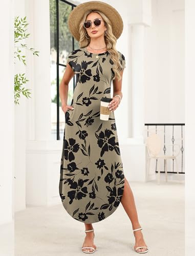 WIHOLL Cap Sleeve Crewneck Tshirts Maxi Dresses for Women 2026 Elegant Classy Floral Dress with Pockets Spring Dresses Work Teacher Outfits Vacation Resort Wear L