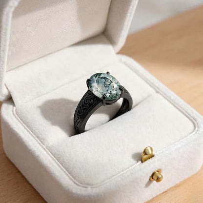 QHQPQ Mens Wedding Band 10K Gold Black Moss Agate Ring 925 Sterling Silver Moss Agate Engagement Ring Gothic Rings Birthday Christmas Gift for Boyfriend Father
