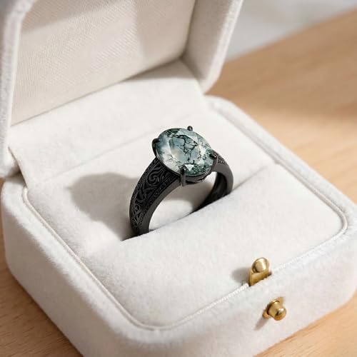 QHQPQ Mens Wedding Band 10K Gold Black Moss Agate Ring 925 Sterling Silver Moss Agate Engagement Ring Gothic Rings Birthday Christmas Gift for Boyfriend Father