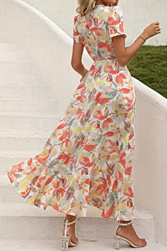 PRETTYGARDEN Women's Summer Wrap Maxi Dress Casual Boho Floral V Neck Short Sleeve Ruffle Hem Split Beach Long Dresses (White Floral,Medium)