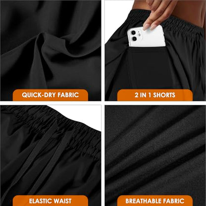 Yevrimow Women's 2 in 1 Running Shorts for Gym Yoga Workout Athletic Shorts High-Waisted Shorts with Liner Pockets Grey
