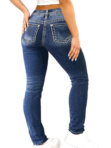 Flamingals Women's Butt Lifting Skinny Leg Jeans Stretchy Tummy Control Mid Rise Denim Jeans Deep Blue Denim L