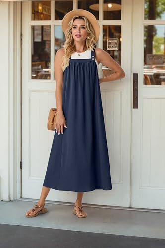 Lepunuo Overall Dress for Women Summer Long Dresses Adjustable Jumpers Casual Cover up with Pockets A - Navy Blue