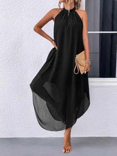 Verdusa Women's Wedding Guest Dress Halter Flowy Chiffon Asymmetrical Long Summer Prom Dress Black Medium