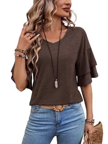 FUNBANG Womens V Neck Short Sleeve Shirts Double Tiered Ruffle T-Shirt Three Quarter Length Sleeve for Spring Summer Blouse 2026 Loose Fit Tunic 2026 Half Bell Fashion Clothes,Coffee Brown,M