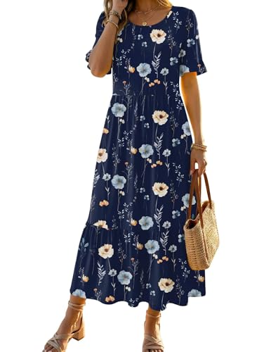 Zeagoo Womens Midi Dresses Spring 2026 Casual Summer Dress Floral Long Dress Ladies Tiered Summer Dresses with Pockets, Navy Floral 01,XL