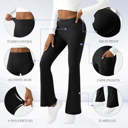 COPYLEAF Womens Yoga Pants with Pockets High Waisted Flare Leggings Bell Bottom Yoga Dress Pants Seamless Bootcut Pants(Black L)