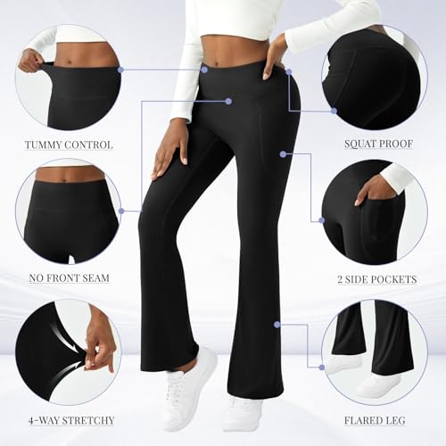 COPYLEAF Womens Yoga Pants with Pockets High Waisted Flare Leggings Bell Bottom Yoga Dress Pants Seamless Bootcut Pants(Black L)