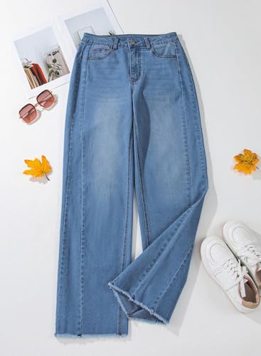 Sidefeel Women's Wide Leg Jeans High Waisted Stretchy Raw Hem Denim Pants Size 12 Blue