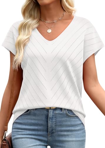 WIHOLL Short Sleeve Sweater for Women Trendy Womens Tops 2026 Summer V Neck T Shirts Cap Sleeve Beach Fashion Travel Outfits Vacation Clothes Ladies Tops Dressy Casual Lightweight Sweaters White M