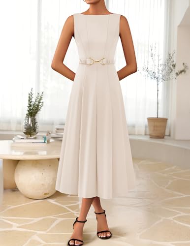 ZESICA Women Summer Sleeveless Midi Dresses 2026 Elegant Boat Neck A Line Tie Waist Spring Cocktail Party Dress Apricot Small