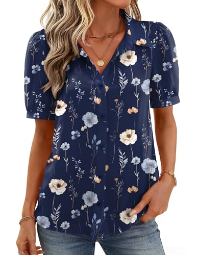 Zeagoo Womens Blouses Short Sleeve Business Casual Top Dark Print Floral Button Down Shirts Spring Summer Outfit