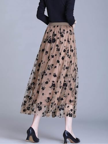 Reaowazo Skirts for Women Midi Long Length Dressy Casual Trendy Summer Tulle A-Line Floral High Waist Skirt Khaki S-M