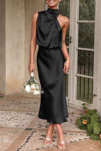 PRETTYGARDEN Women's 2025 Summer Satin Dress Elegant Sleeveless Mock Neck Cocktail Party Maxi Dresses (Black,Large)