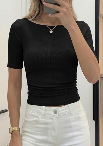 PRETTYGARDEN Womens Summer Short Sleeve Tops Boat Neck Ribbed Knit Slim Fit T Shirt Casual Basic Top 2026 Spring Clothes (Black,Large)