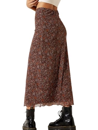 Avanova Women's Ditsy Floral High Waisted Skirts Lettuce Trim Summer Fall Boho Midi Skirt A Brown Medium