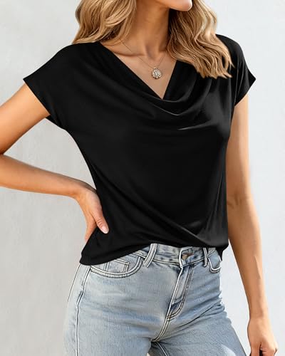 BTFBM Cowl Neck Tops for Women 2026 Summer Womens Tops Dressy Casual Business Blouses Short Sleeve Shirts Spring Outfits(Black, Medium)