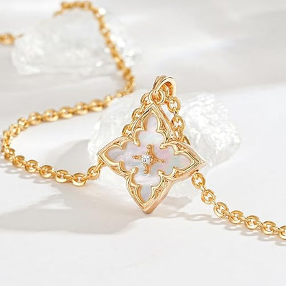 Fettero Gold Clover Necklace for Women Dainty 14K Gold Plated CZ Pendant Necklace Charm Colorful Clover Pendant Lucky Necklaces for Women Jewelry - White Mother of Pearl