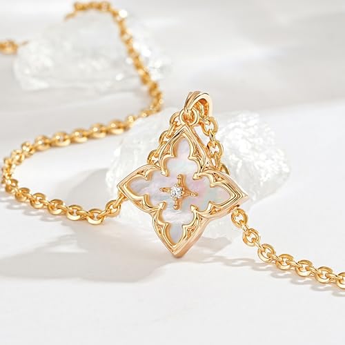 Fettero Gold Clover Necklace for Women Dainty 14K Gold Plated CZ Pendant Necklace Charm Colorful Clover Pendant Lucky Necklaces for Women Jewelry - White Mother of Pearl