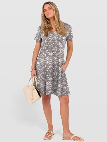 ANRABESS Women's Summer T Shirt Dress Casual V Neck Short Sleeve Floral Boho Flowy Mini Dresses 2026 Beach Vacation Clothes Light Brown White Spots Large