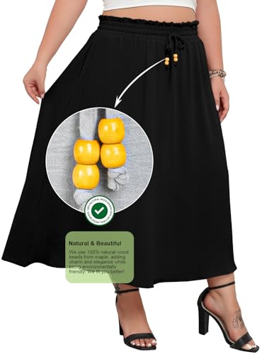 Lastshe Plus Size Maxi Skirts for Women Summer Classic Boho Pleated Elastic High Waist A-line Long Skirt with Pockets,Black,2X