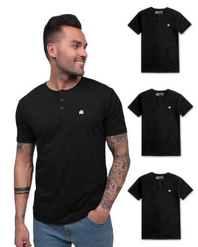 INTO THE AM Premium 3 Pack Henley Shirts for Men - Casual Short Sleeve Modern Slim Fit Logo T-Shirt Multipack Tee - Branded (Black/Black/Black, XX-Large)