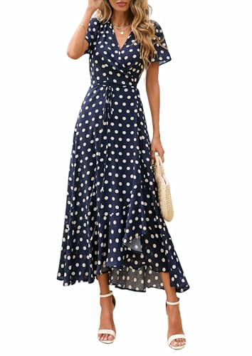 PRETTYGARDEN Women's Boho Floral Maxi Dress Summer Short Sleeve Wrap V Neck Long Flowy Beach Vacation Wedding Guest Dresses (Dot Navy White,Large)