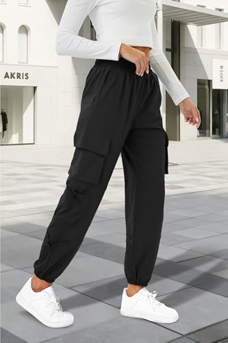 COPYLEAF Womens Parachute Cargo Pants with Pockets Quick Dry Hiking Pants Lightweight Water-Resistant Baggy Joggers(Black M)