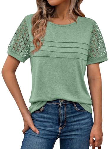 AUTOMET Short Sleeve Shirts for Women Summer Tops 2026 Spring Fashion Dressy Casual Outfits Lace Trendy Top Cute Work T Shirt Business Vacation Clothes Blouses Light Green M